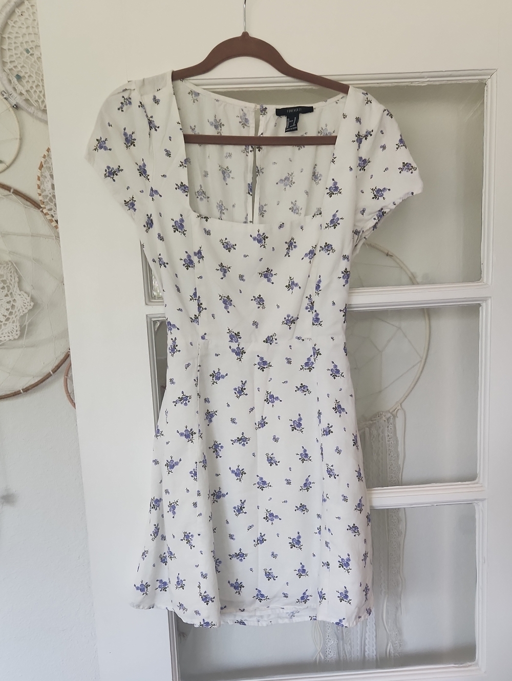 White Square Neck Mini Dress with Blue Floral Print And Back Cut Out